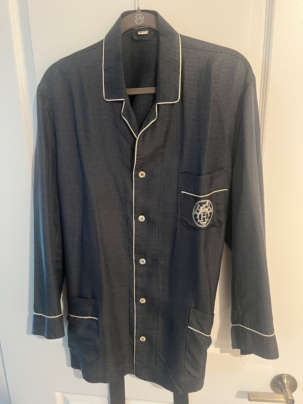 Men's Navy Piped Button-Up Jacket with Crest Pocket Hermes
